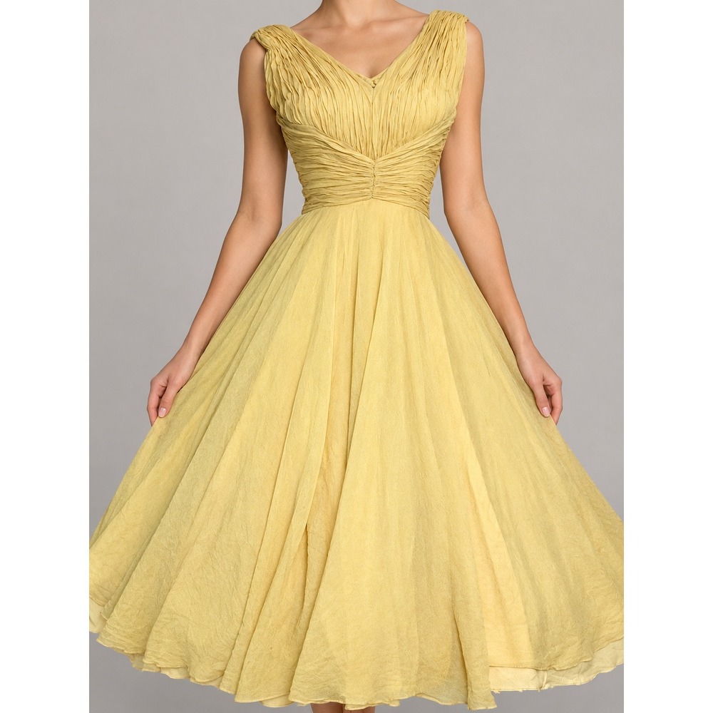Vintage 1950s Walker-Marr DrapedYellow Silk Chiffon Ruched Cocktail Dress